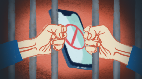 An image of a smartphone on an orange and black background with a red anti sign on its screen. Two hands hold onto jail bars that the phone is trapped behind.
