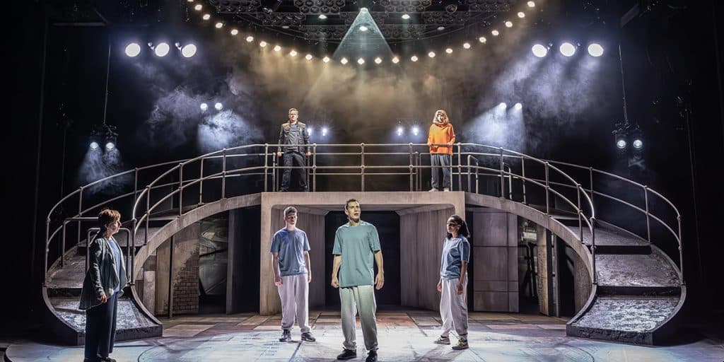 The Cast of Punch in action during an opening scene in the Samuel J. Friedman Theatre.
