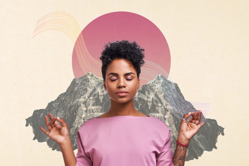 A woman holds a meditative pose with her arms bent, and a calming illustration of a mountain behind her.