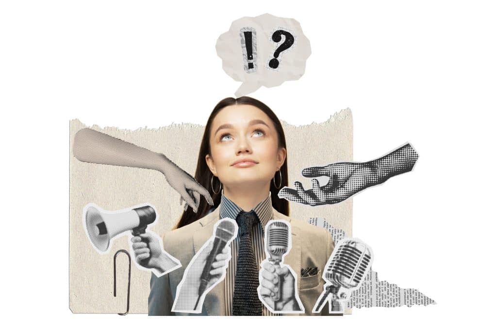 Microphones, question marks, and a telephone held to a woman who appears to be trying to answer a question(s).