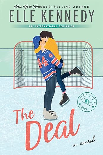 A cartoon, colorful illustration of a college hockey player sharing a kiss with a girl on the ice rink