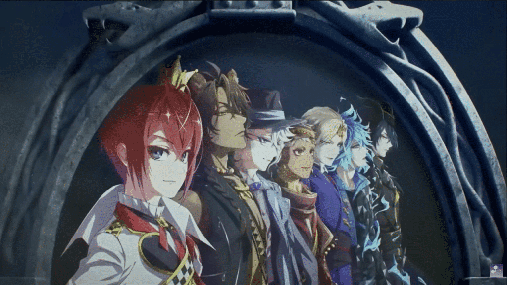 From left to Right: Riddle Rosehearts, Leona Kingsccholar, Azul Ashengrotto, Kalim Al-Asim, Vil Schoenheit, Idia Shroud, Malleus Draconia lined up