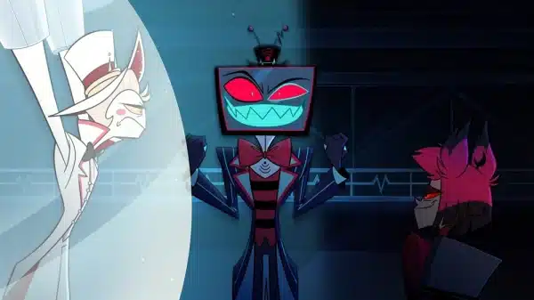 Image of Vox gloating over Alastor and Lucifer, who he has captive. Alastor looks entertained at Lucifer's discomfort.