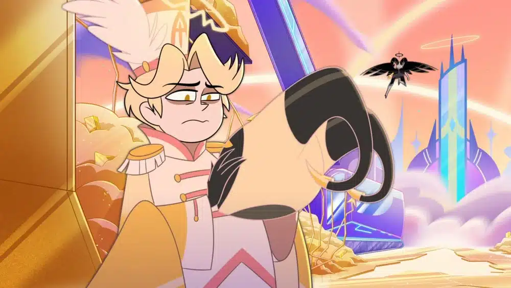 Abel stares into the face of his father's exorcist helmet with an unhappy look on his face, as Lute flies off in the background.