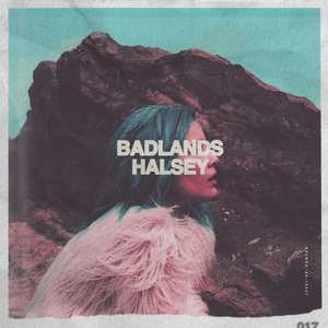 The album cover of Halsey's Badlands shows her side profile in a blue wig and pink jacket.