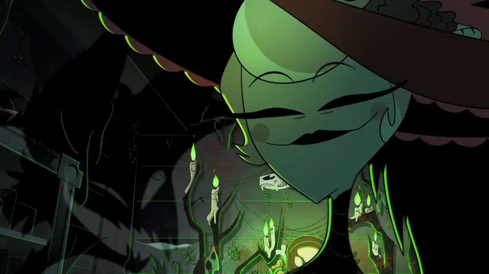 Rosie smiling against a green backdrop of Alastor's magical alter from when he was human. She is painted in his signature green light.