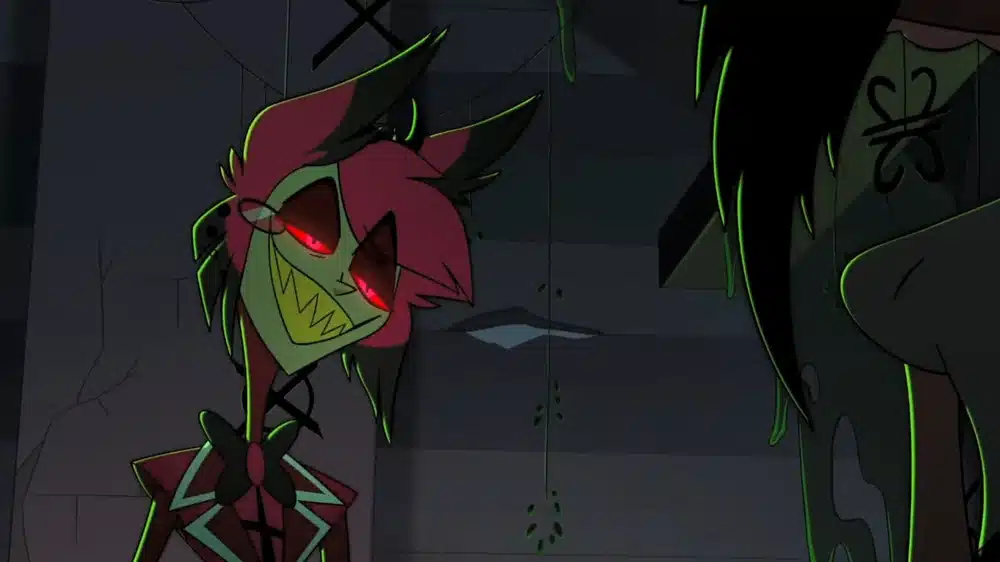 Alastor, painted in green tones, grins triumphantly at Rosie, who is out of shot, knowing he has beat her at their game. His eyes glow a bright saturated red.