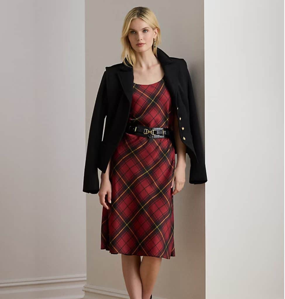 Plaid Satin Sleeveless Cocktail Dress By Ralph Lauren
