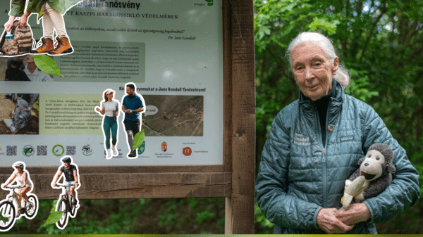 Jane Goodall holding a stuffed animal monkey beside a sign. To the left are people riding bikes, walking, and putting something in a backpack.