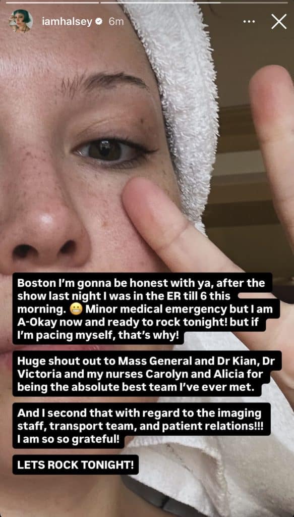 A screenshot of Halsey's Instagram Story, saying how we had a medical emergency following a performance.