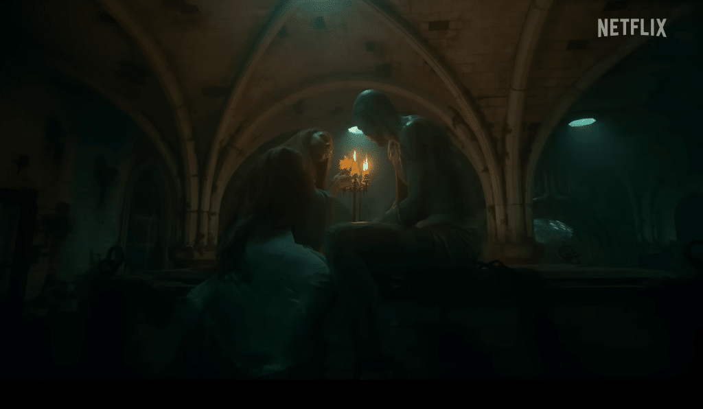 Mia Goth as Elizabeth Harlander and Jacob Elordi as The Creature in Frankenstein