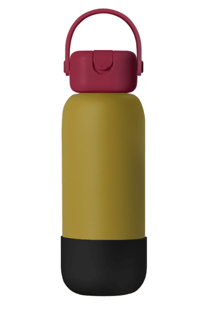 purple, green, and black water bottle