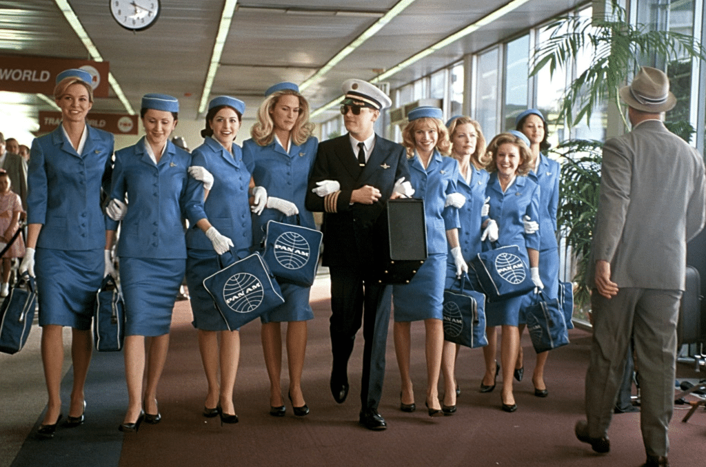 Flight attendants walk arm in arm with a pilot.
