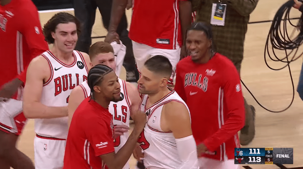 Bulls players ecstatic following a win vs the Philadelphia 76ers.