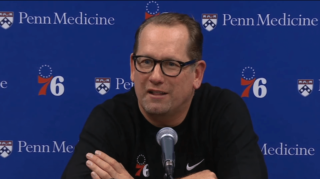 Head coach Nick Nurse speaks at the press conference after Philadelphia blew a 26-point lead in a loss to the Bulls.