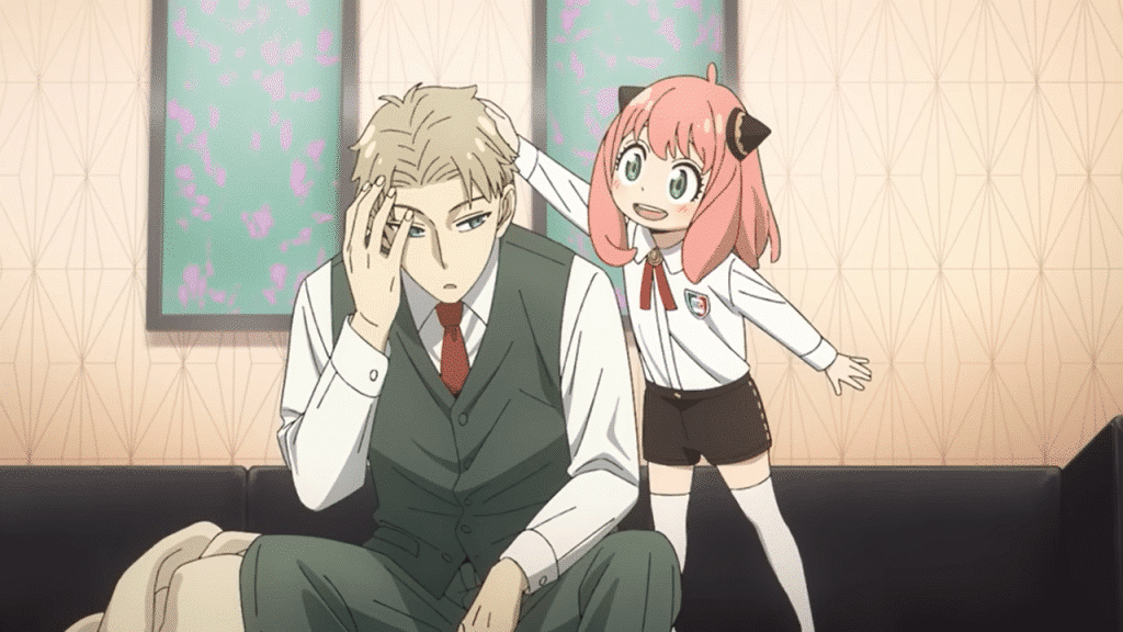 Anya is comforting Loid with a headpat