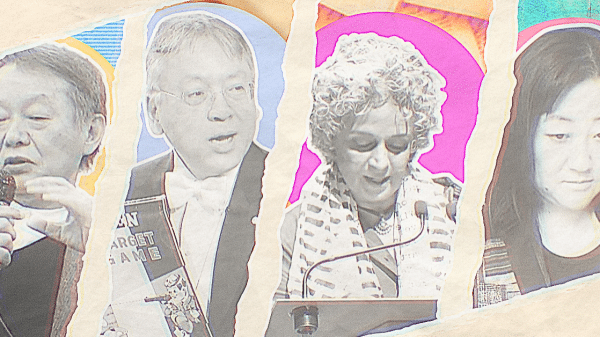 A collage of four asian authors. From left to right the authors in black and white are: Haruki Murakami, Kazuo Ishiguro, Arundhati Roy, and Ling Ma