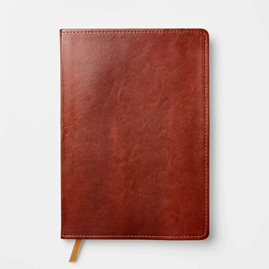 brown leather journal on white background