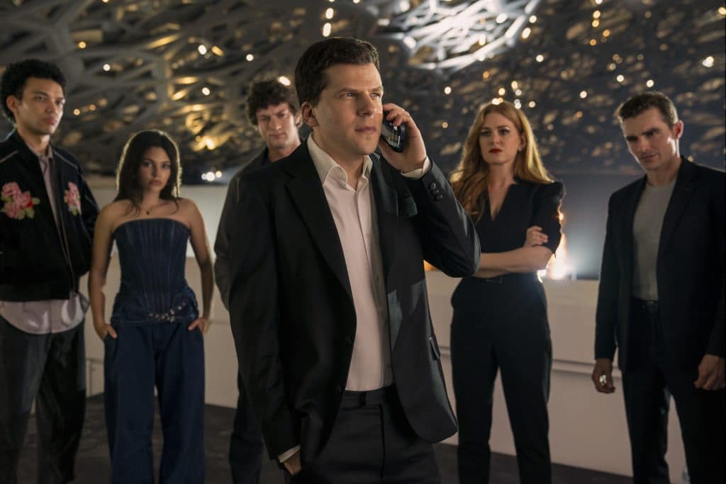 Justice Smith as Charlie, Ariana Greenblatt as June, Dominic Sessa as Bosco, Jesse Eisenberg as Daniel Atlas, Isla Fisher as Henley Reeves, and Dave Franco as Jack Wilder in Now You See Me: Now You Don’t.