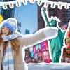 New York City Christmas themed collage, featuring a woman in the snow, Times Square, the Statue of Liberty and Christmas decorations.