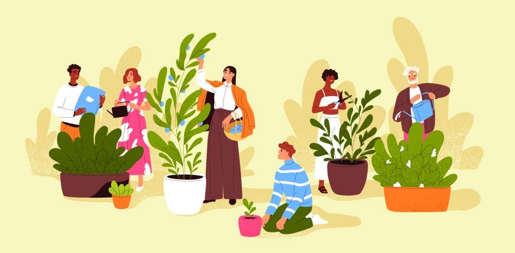 A person with a small plant looking up at a group of people with larger plants
