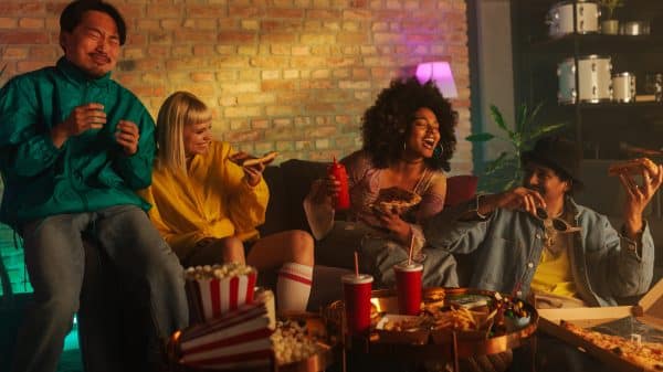 A group of friends sits on a couch while eating and having fun.