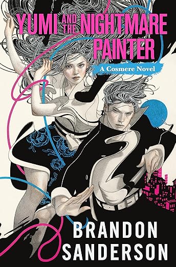 Cover of Yumi and the Nightmare Painter. Two young adults surrounded by blue and pink colored strings