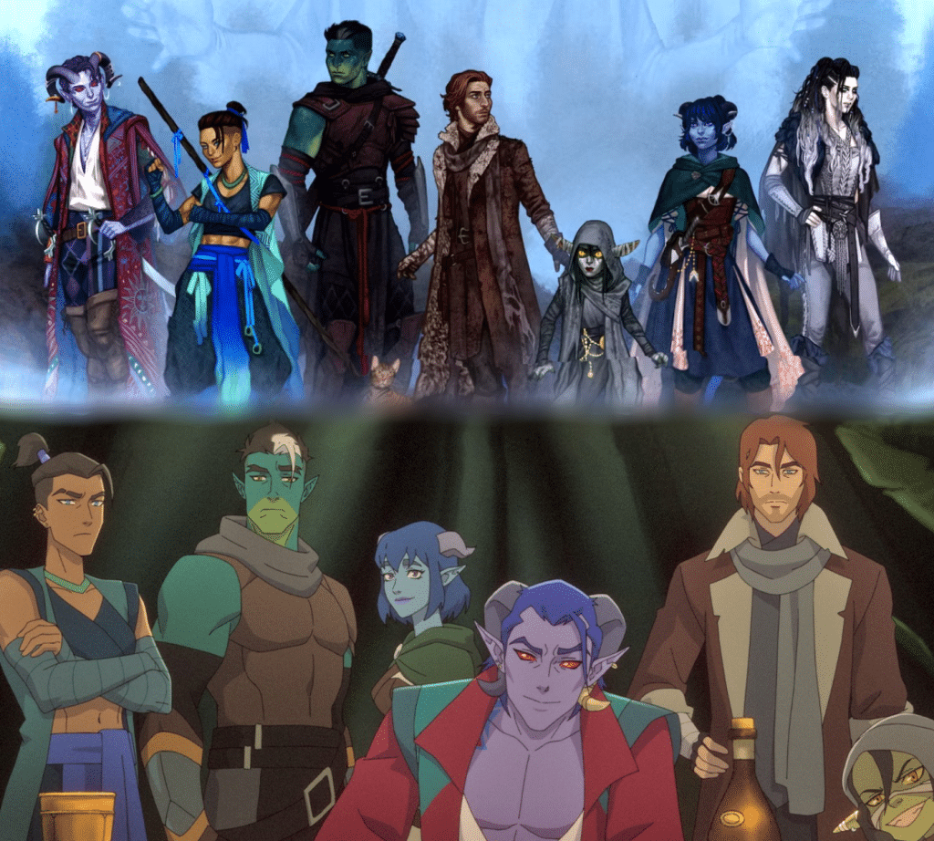 Image of artwork for the original Mighty Nein next to the updated artwork from the animated series.