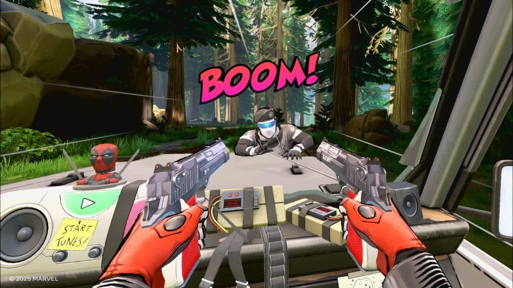 Deadpool fires dual pistols at bad guys from his vehicle.