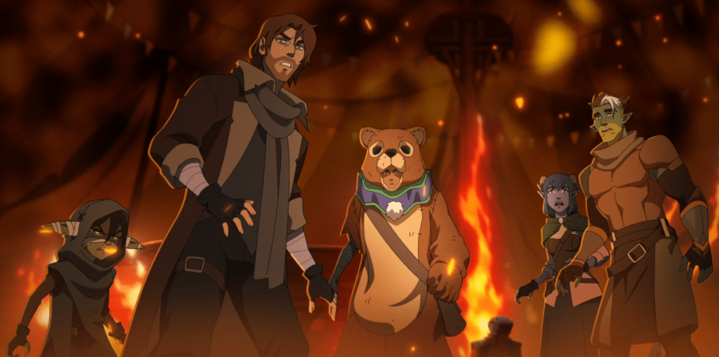 A screen capture of The Mighty Nein in a burning circus tent.