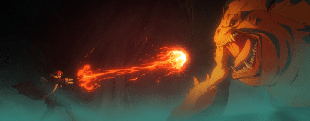A screen capture of Caleb Widogast sending magical fire at the Devil Toad.