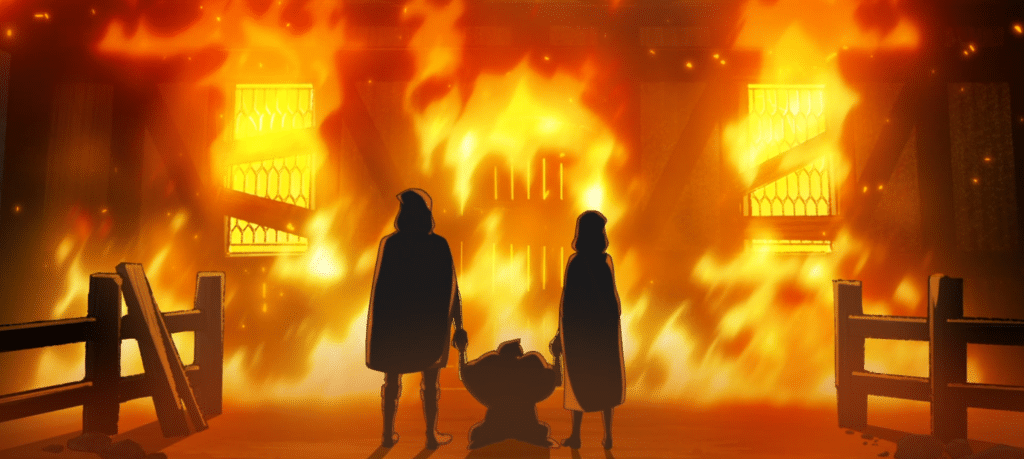 A screen capture of Caleb Widogast, on his knees, watching his family home burn.