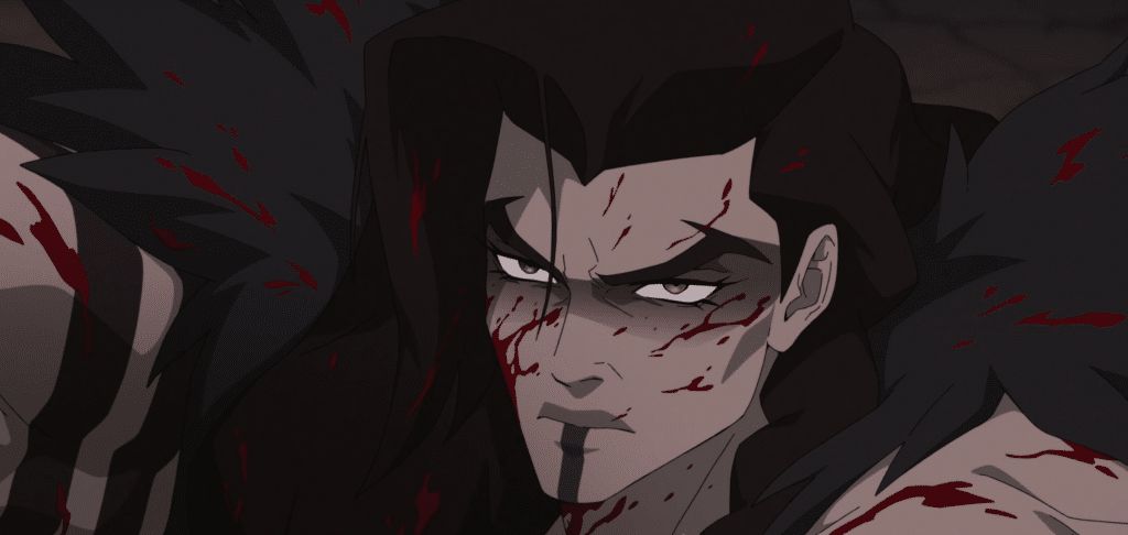 A screen capture of Yasha's face covered in fresh blood.