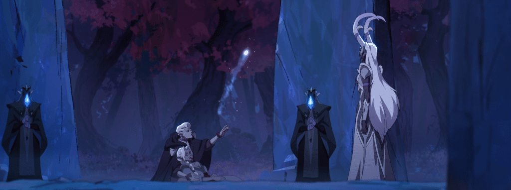 A screen capture of Essek and the Bright Queen watching his mother's soul float away.