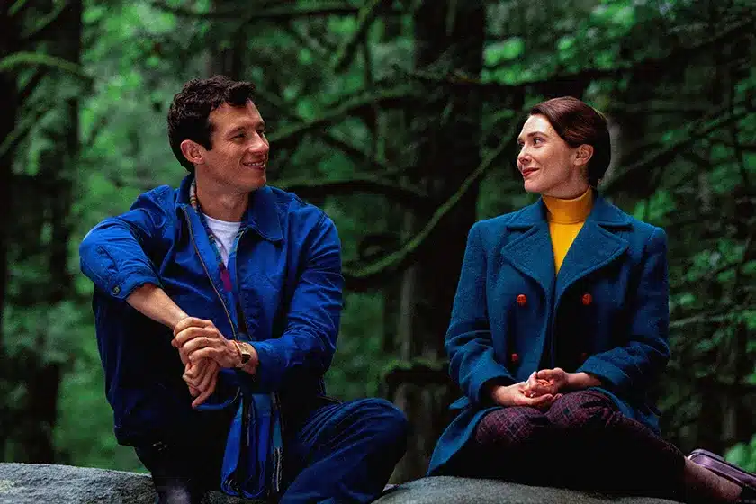 The gorgeous Calum Turner and Elizabeth Olsen. (A24)