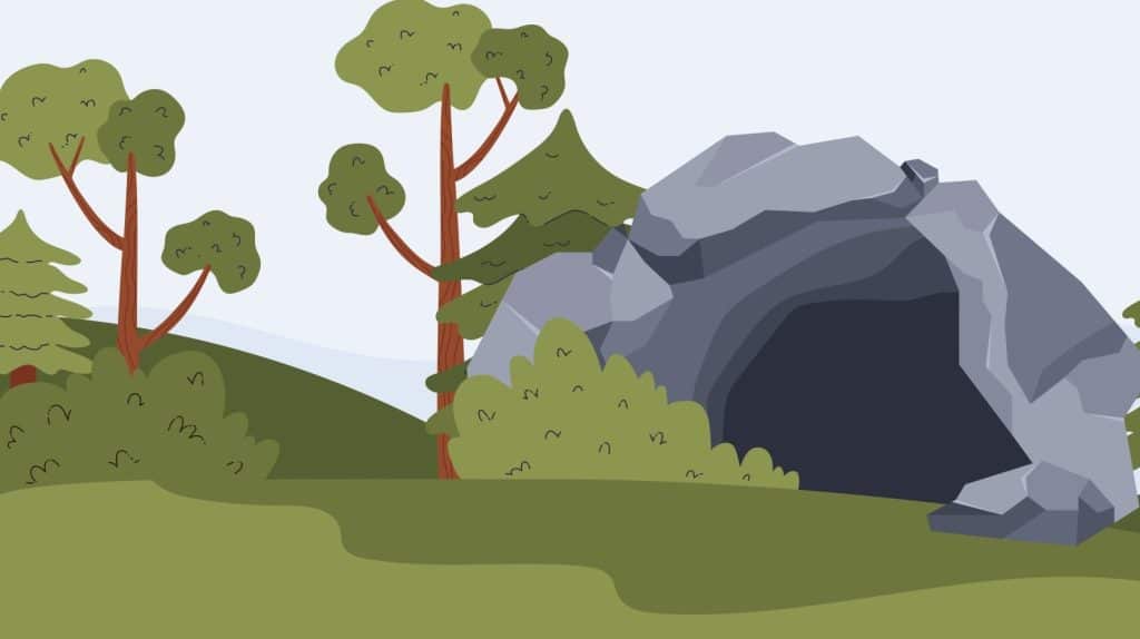 a graphic of greenery and a cave