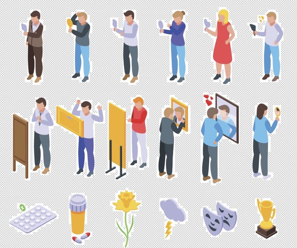 a graphic of multiple people, both men and women, looking at their reflection.