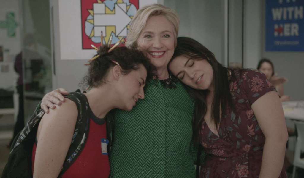 Abbi and Illana with guest star Hilary Clinton in Broad City. (Comedy Central)