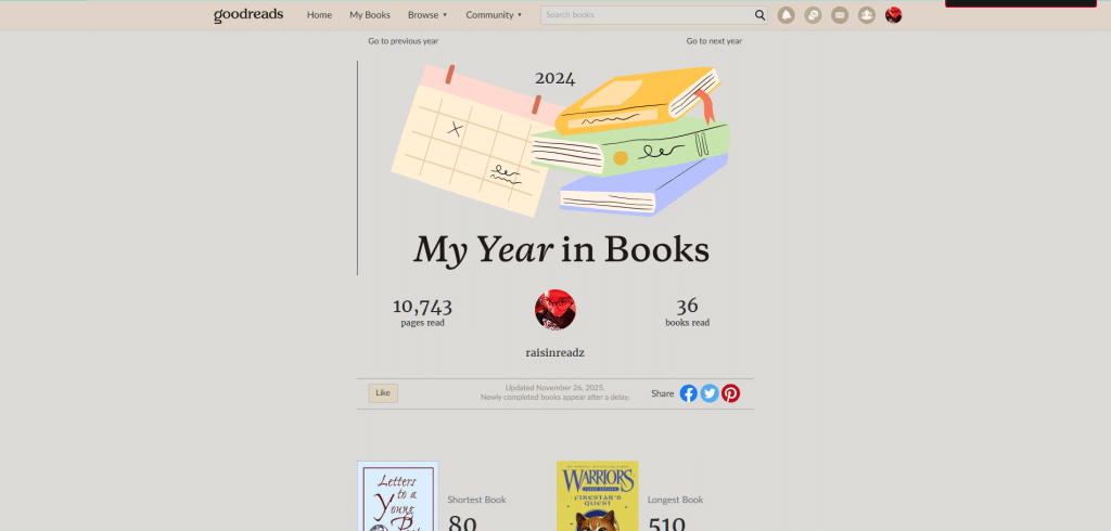Calendar with a stack of books next to it on a GoodReads page