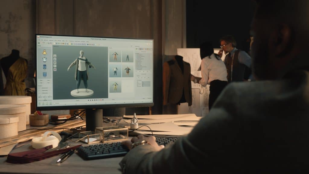 African American tailor or fashion designer creates clothes and develops future wear collection in 3D modeling program