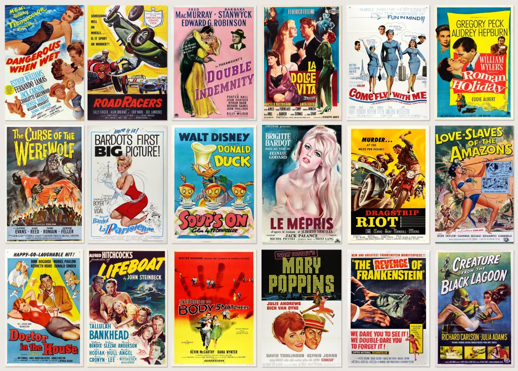 Retro movie posters ranging from the 1940s to the 1960s, featuring classics such as Double Indemnity (1944) and Creature from the Black Lagoon (1954).