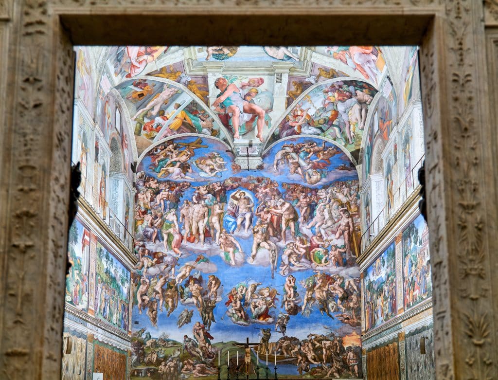 A photograph of Michelangelo's "The Last Judgement" in the Sistine Chapel