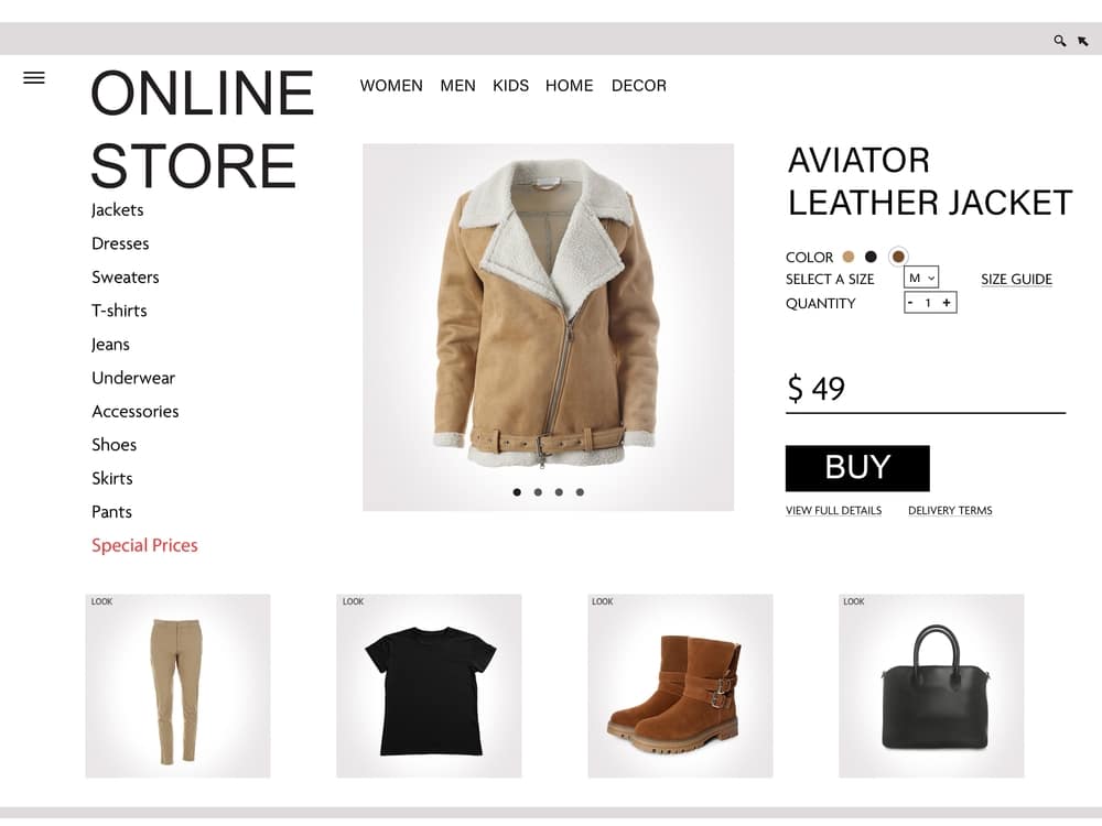 Online store website page with leather jacket and information. Image can be pasted onto laptop or tablet screen.
