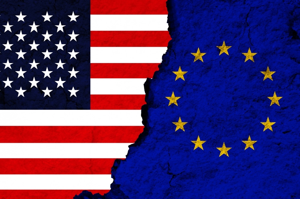 Image merges the United States flag and European Union flag.