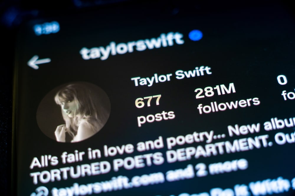 Close up shot of Taylor Swift's instagram account. It shows followers, bio, and number of posts.
