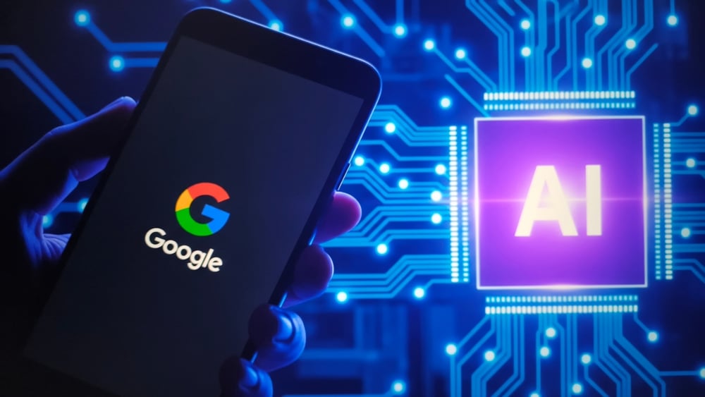 A mobile phone showing the Google logo, and a purple box with the letters AI in it