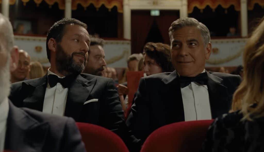 Adam Sandler as Ron Sukenick and George Clooney as Jay Kelly in "Jay Kelly." (Credit: Netflix)