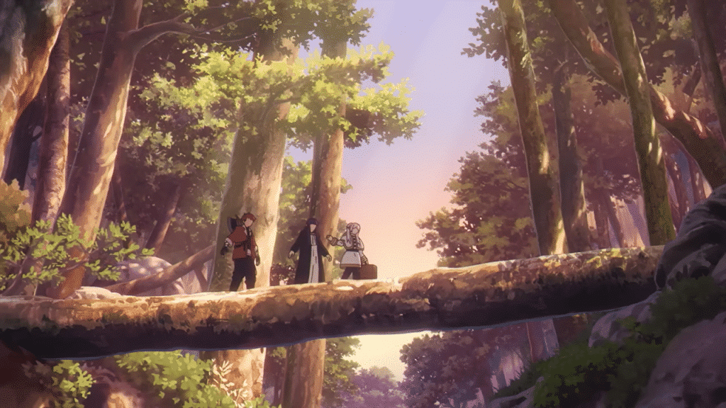 Frieren Fern, and Stark crossing a log