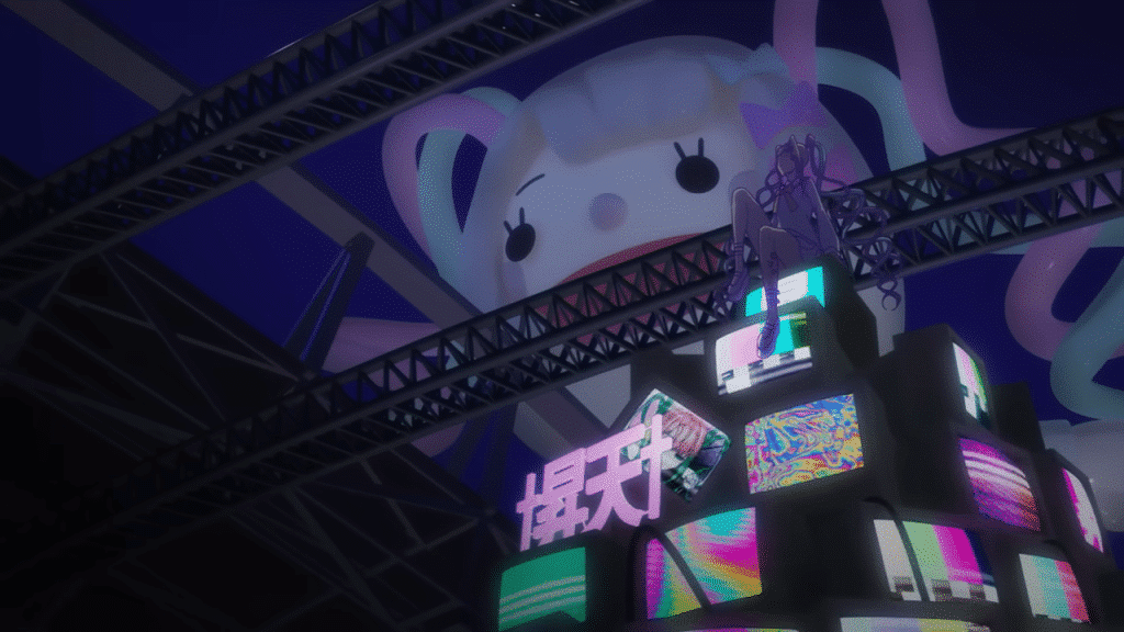 Ame-chan as her avatar KAngel sitting on a set of screens