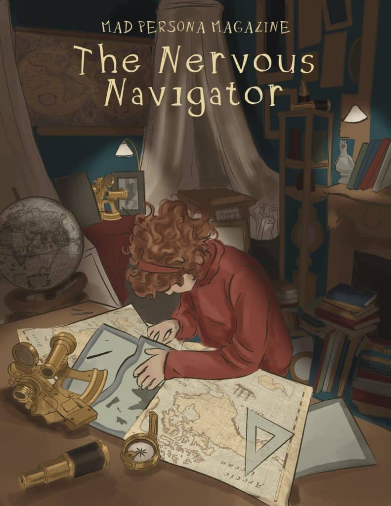 Image of a female figure in a study looking over maps, surrounded by navigation tools.